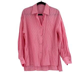 Womens Sheer Pink Button-Up Shirt S Textured Stripe Pattern Long Sleeve